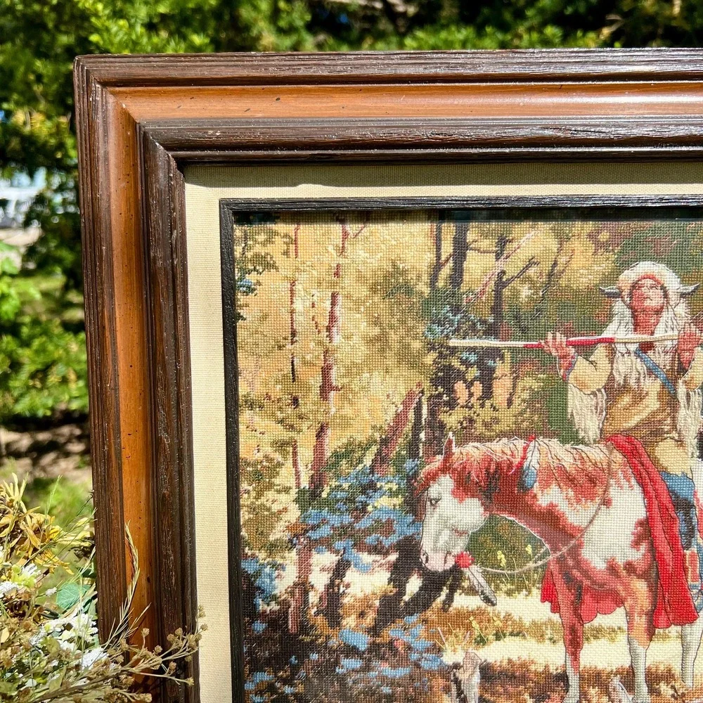 Vintage Needlepoint Indian Horse Art w/ Frame -